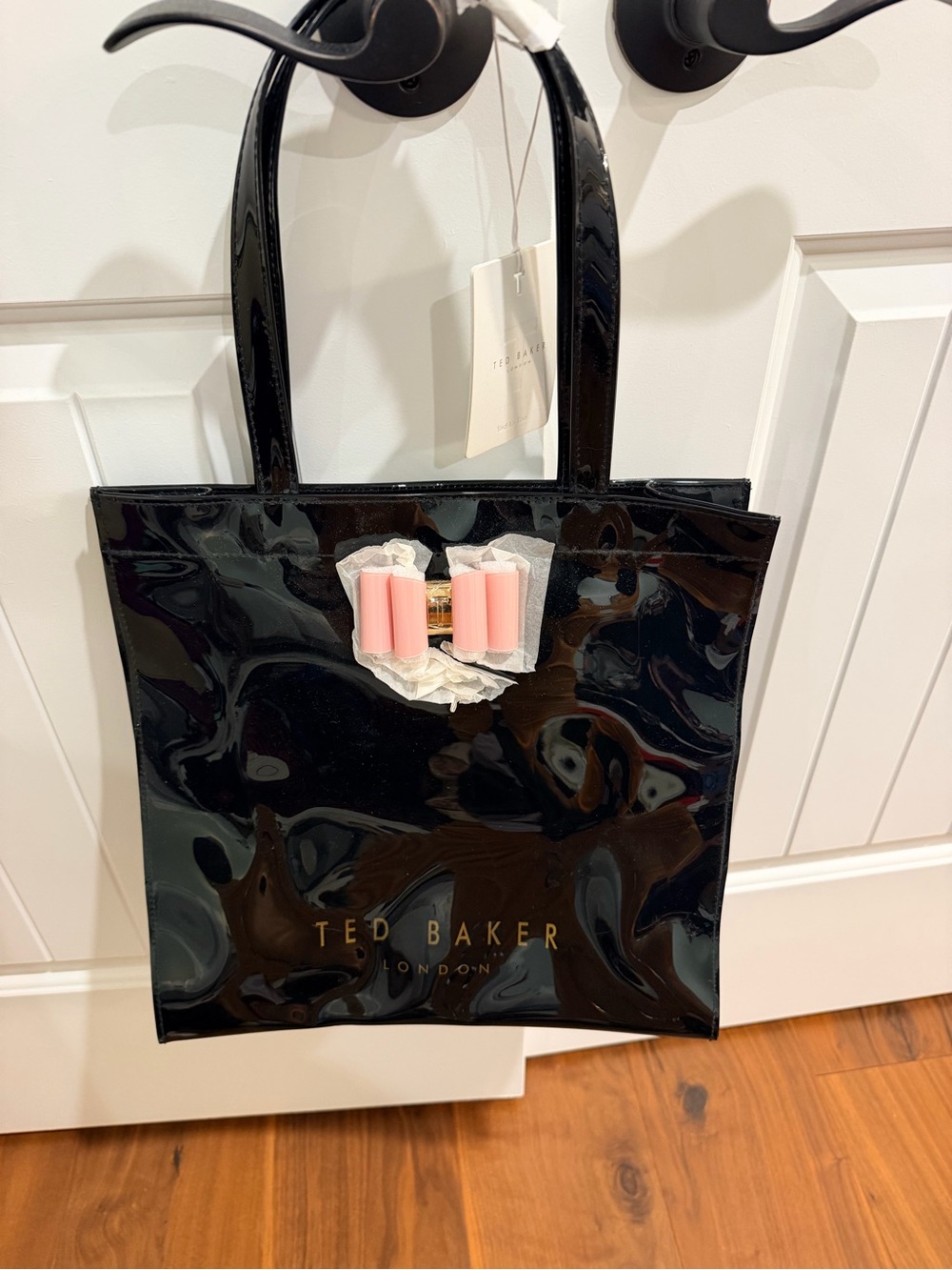 Ted Baker Black Patent Tote with Pink Bow Detail